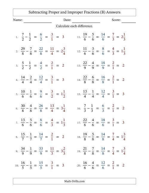 The Subtracting Proper and Improper Fractions with Equal Denominators, Mixed Fractions Results and All Simplifying (B) Math Worksheet Page 2