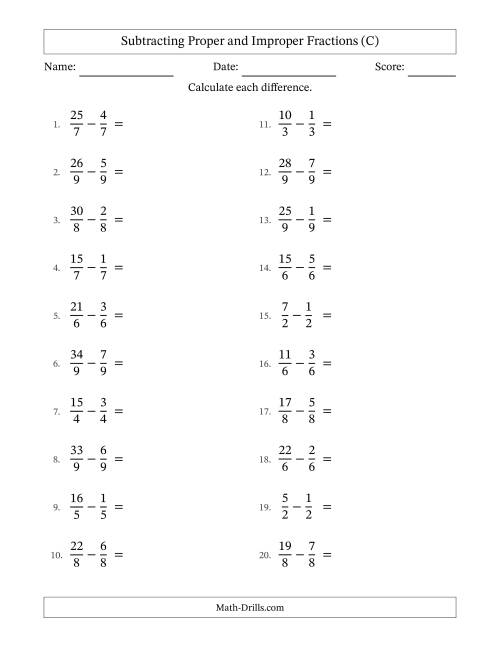 The Subtracting Proper and Improper Fractions with Equal Denominators, Mixed Fractions Results and All Simplifying (C) Math Worksheet