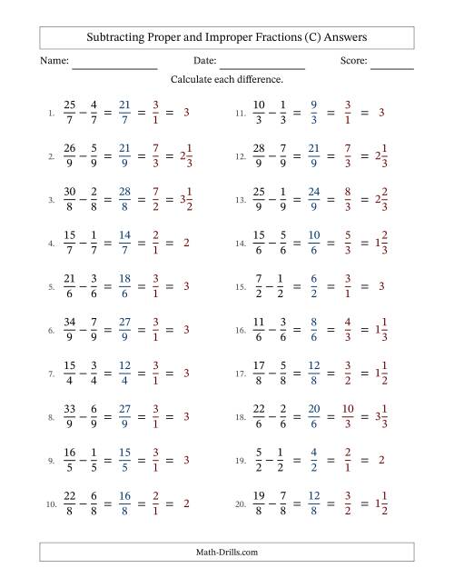 The Subtracting Proper and Improper Fractions with Equal Denominators, Mixed Fractions Results and All Simplifying (C) Math Worksheet Page 2