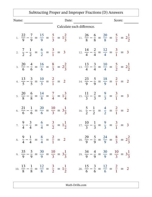 The Subtracting Proper and Improper Fractions with Equal Denominators, Mixed Fractions Results and All Simplifying (D) Math Worksheet Page 2