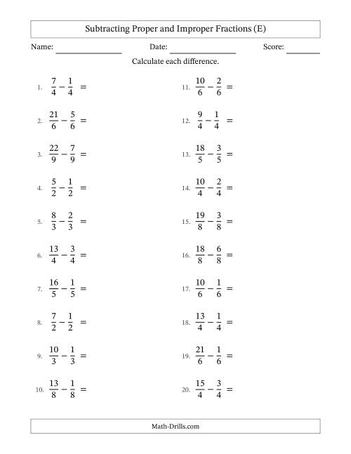 The Subtracting Proper and Improper Fractions with Equal Denominators, Mixed Fractions Results and All Simplifying (E) Math Worksheet