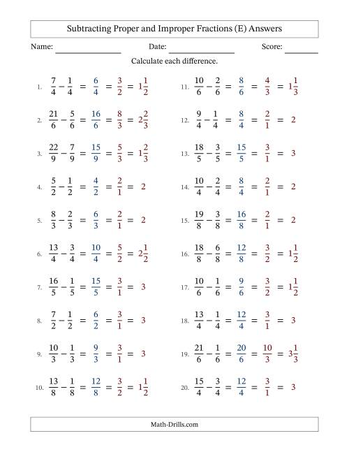 The Subtracting Proper and Improper Fractions with Equal Denominators, Mixed Fractions Results and All Simplifying (E) Math Worksheet Page 2