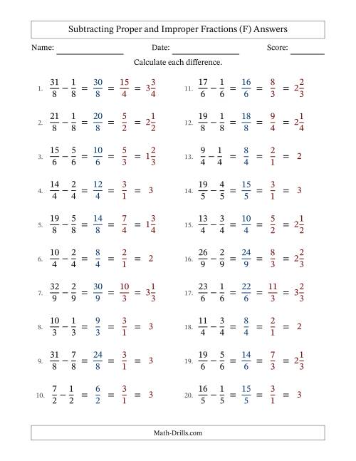 The Subtracting Proper and Improper Fractions with Equal Denominators, Mixed Fractions Results and All Simplifying (F) Math Worksheet Page 2