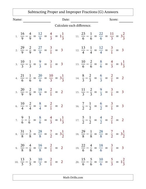 The Subtracting Proper and Improper Fractions with Equal Denominators, Mixed Fractions Results and All Simplifying (G) Math Worksheet Page 2