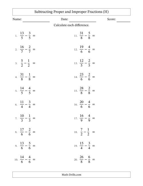The Subtracting Proper and Improper Fractions with Equal Denominators, Mixed Fractions Results and All Simplifying (H) Math Worksheet