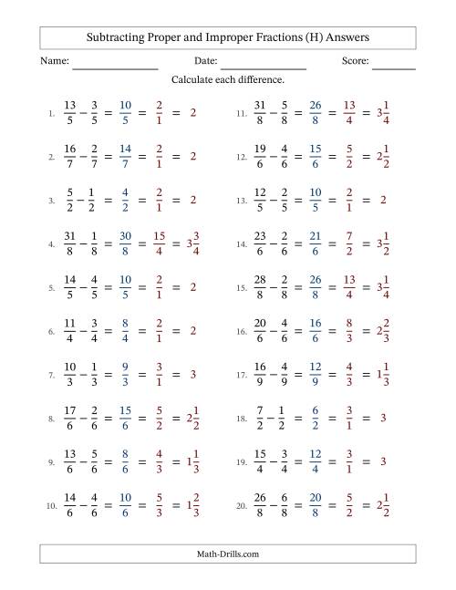 The Subtracting Proper and Improper Fractions with Equal Denominators, Mixed Fractions Results and All Simplifying (H) Math Worksheet Page 2