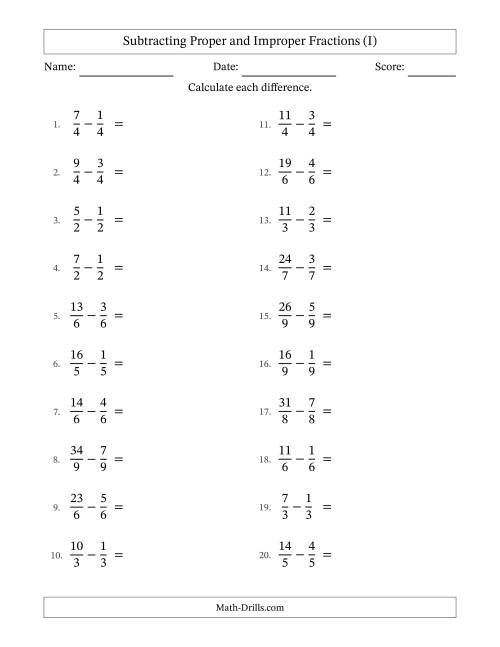 The Subtracting Proper and Improper Fractions with Equal Denominators, Mixed Fractions Results and All Simplifying (I) Math Worksheet