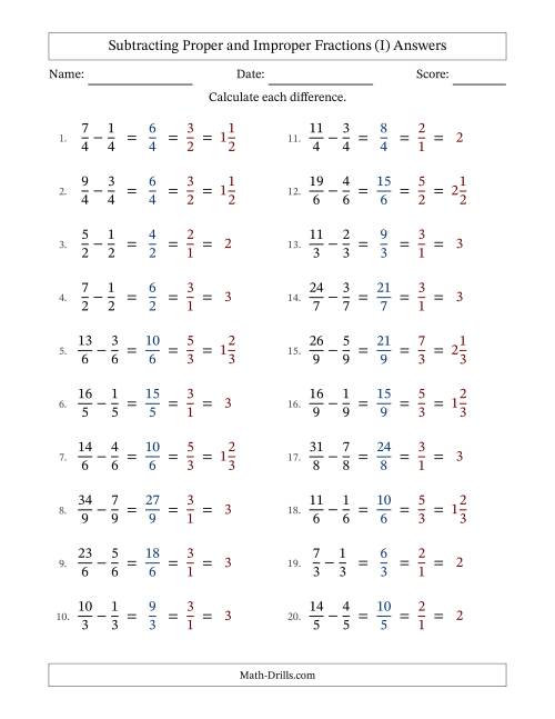 The Subtracting Proper and Improper Fractions with Equal Denominators, Mixed Fractions Results and All Simplifying (I) Math Worksheet Page 2