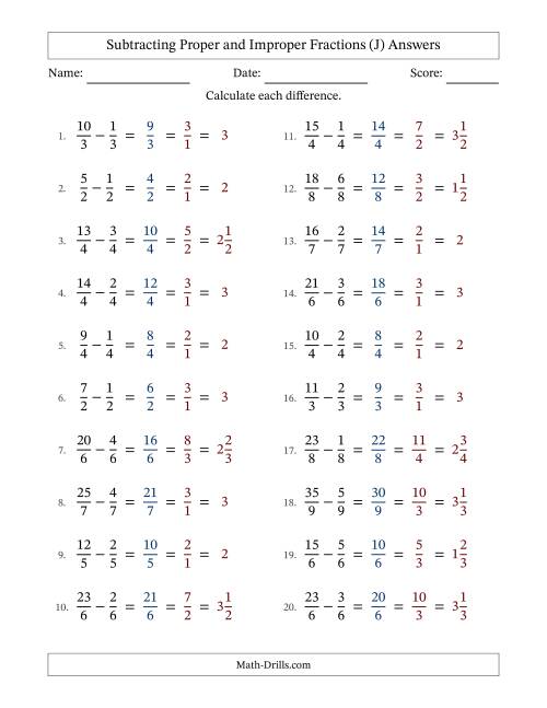The Subtracting Proper and Improper Fractions with Equal Denominators, Mixed Fractions Results and All Simplifying (J) Math Worksheet Page 2
