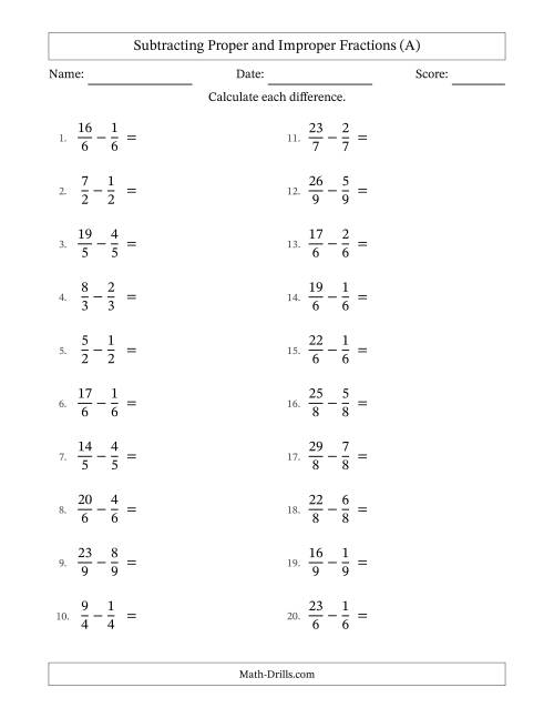 The Subtracting Proper and Improper Fractions with Equal Denominators, Mixed Fractions Results and All Simplifying (All) Math Worksheet