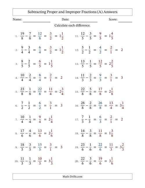 The Subtracting Proper and Improper Fractions with Equal Denominators, Mixed Fractions Results and Some Simplifying (A) Math Worksheet Page 2