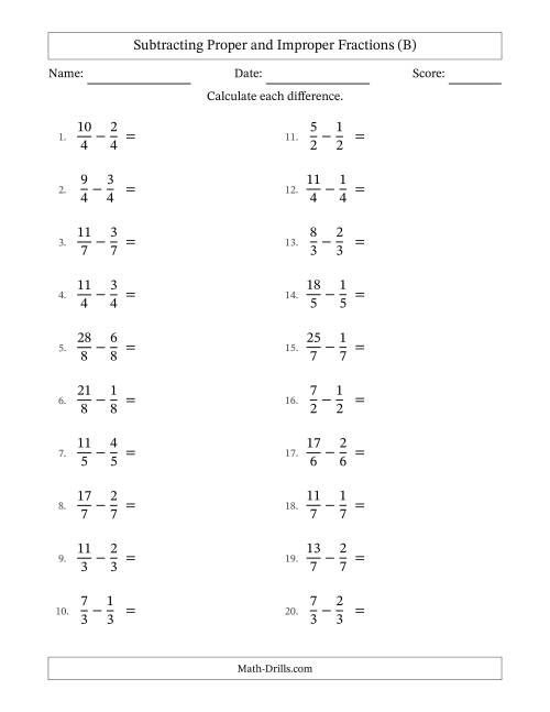 The Subtracting Proper and Improper Fractions with Equal Denominators, Mixed Fractions Results and Some Simplifying (B) Math Worksheet