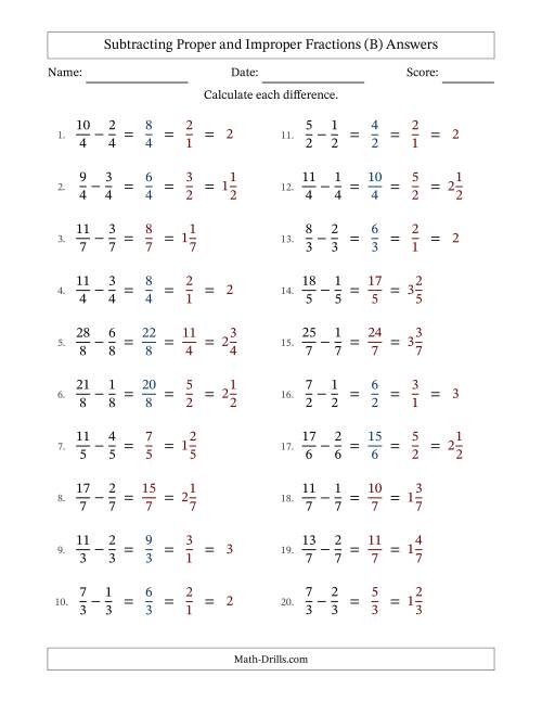 The Subtracting Proper and Improper Fractions with Equal Denominators, Mixed Fractions Results and Some Simplifying (B) Math Worksheet Page 2