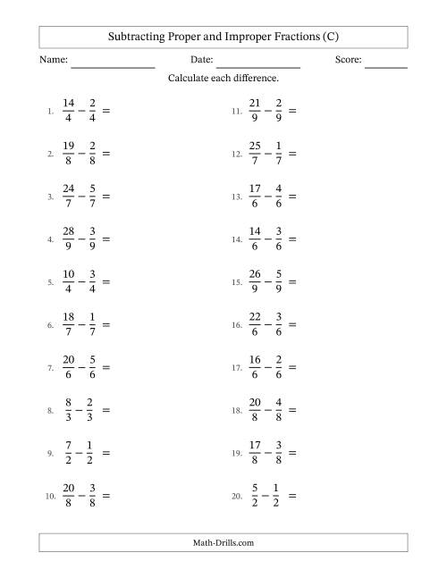 The Subtracting Proper and Improper Fractions with Equal Denominators, Mixed Fractions Results and Some Simplifying (C) Math Worksheet