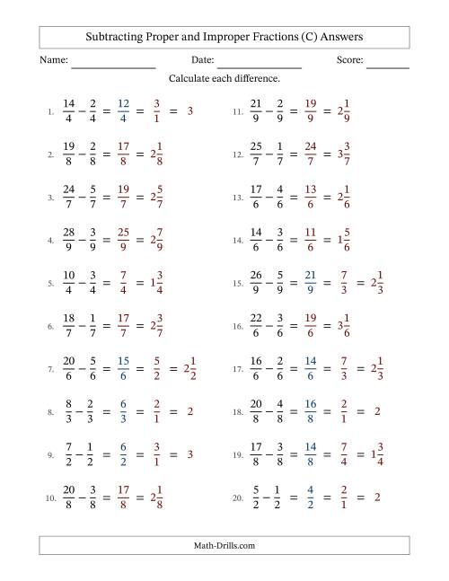 The Subtracting Proper and Improper Fractions with Equal Denominators, Mixed Fractions Results and Some Simplifying (C) Math Worksheet Page 2