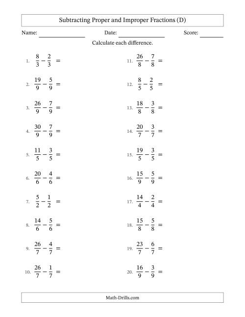 The Subtracting Proper and Improper Fractions with Equal Denominators, Mixed Fractions Results and Some Simplifying (D) Math Worksheet