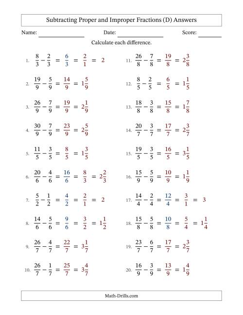 The Subtracting Proper and Improper Fractions with Equal Denominators, Mixed Fractions Results and Some Simplifying (D) Math Worksheet Page 2