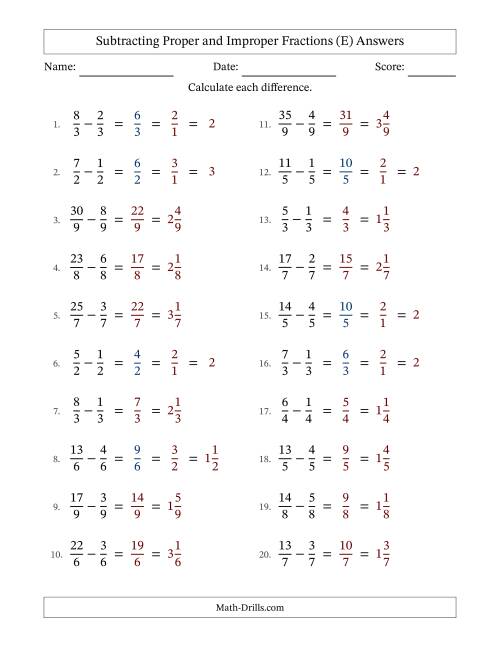 The Subtracting Proper and Improper Fractions with Equal Denominators, Mixed Fractions Results and Some Simplifying (E) Math Worksheet Page 2