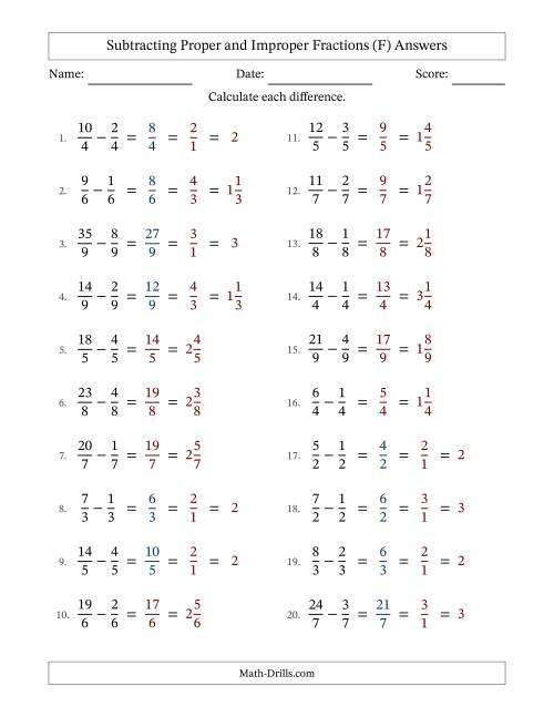 The Subtracting Proper and Improper Fractions with Equal Denominators, Mixed Fractions Results and Some Simplifying (F) Math Worksheet Page 2