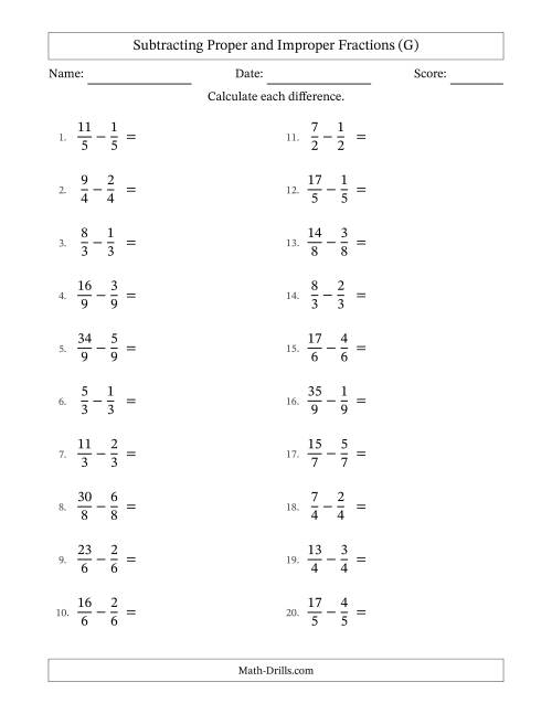 The Subtracting Proper and Improper Fractions with Equal Denominators, Mixed Fractions Results and Some Simplifying (G) Math Worksheet