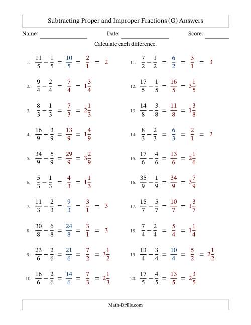 The Subtracting Proper and Improper Fractions with Equal Denominators, Mixed Fractions Results and Some Simplifying (G) Math Worksheet Page 2