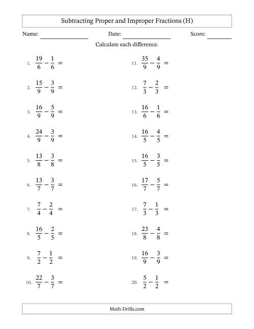 The Subtracting Proper and Improper Fractions with Equal Denominators, Mixed Fractions Results and Some Simplifying (H) Math Worksheet