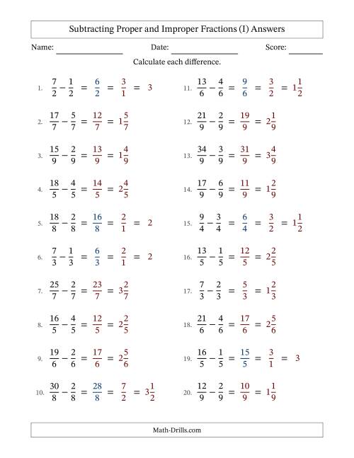 The Subtracting Proper and Improper Fractions with Equal Denominators, Mixed Fractions Results and Some Simplifying (I) Math Worksheet Page 2