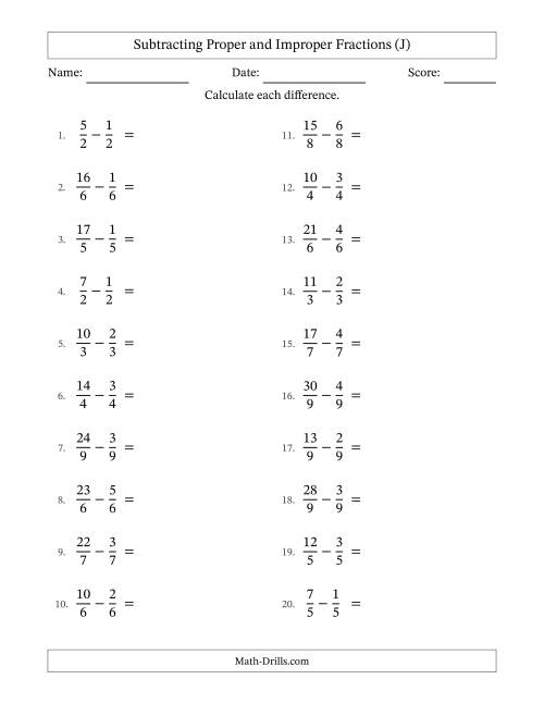 The Subtracting Proper and Improper Fractions with Equal Denominators, Mixed Fractions Results and Some Simplifying (J) Math Worksheet