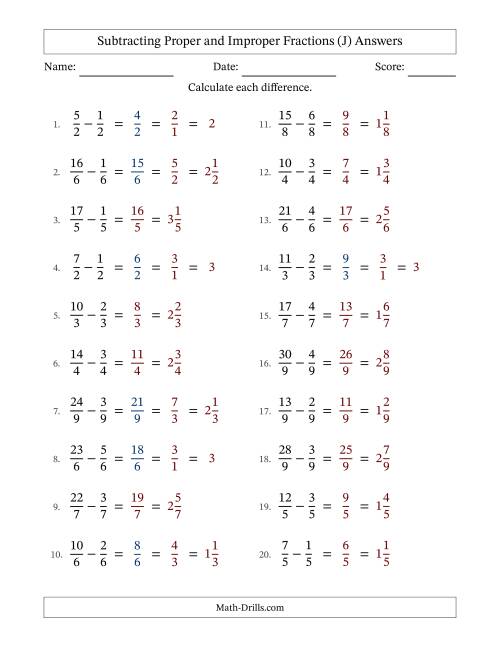 The Subtracting Proper and Improper Fractions with Equal Denominators, Mixed Fractions Results and Some Simplifying (J) Math Worksheet Page 2