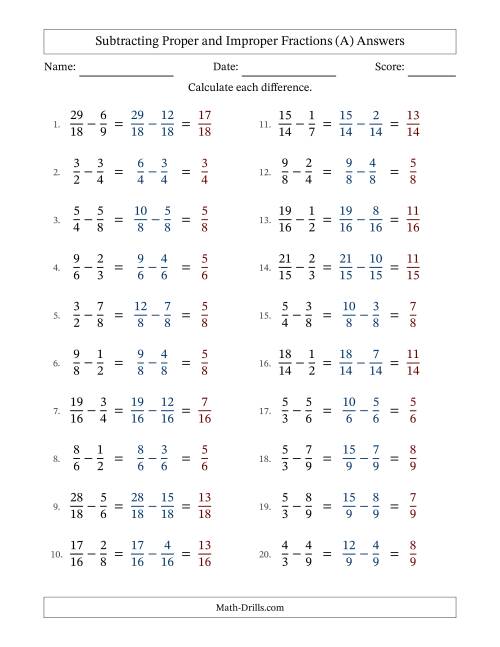 The Subtracting Proper and Improper Fractions with Similar Denominators, Proper Fractions Results and No Simplifying (A) Math Worksheet Page 2