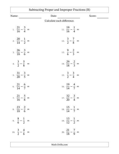 The Subtracting Proper and Improper Fractions with Similar Denominators, Proper Fractions Results and No Simplifying (B) Math Worksheet