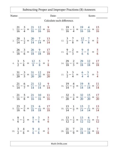 The Subtracting Proper and Improper Fractions with Similar Denominators, Proper Fractions Results and No Simplifying (B) Math Worksheet Page 2