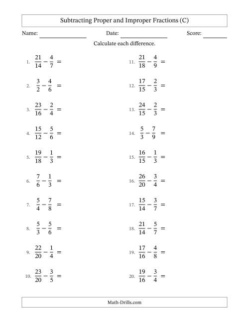 The Subtracting Proper and Improper Fractions with Similar Denominators, Proper Fractions Results and No Simplifying (C) Math Worksheet