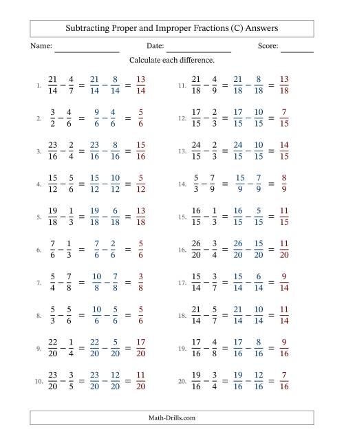 The Subtracting Proper and Improper Fractions with Similar Denominators, Proper Fractions Results and No Simplifying (C) Math Worksheet Page 2