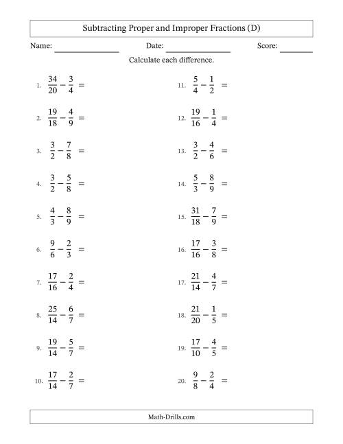 The Subtracting Proper and Improper Fractions with Similar Denominators, Proper Fractions Results and No Simplifying (D) Math Worksheet