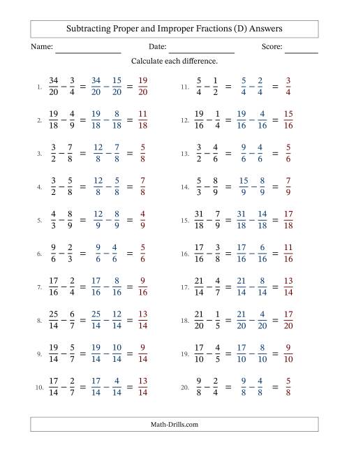 The Subtracting Proper and Improper Fractions with Similar Denominators, Proper Fractions Results and No Simplifying (D) Math Worksheet Page 2