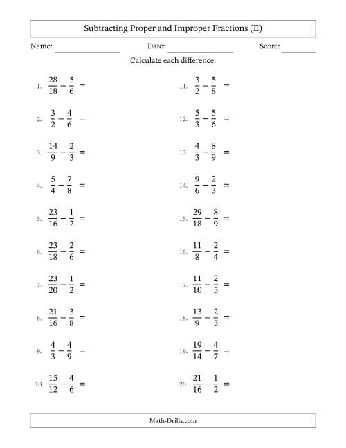 The Subtracting Proper and Improper Fractions with Similar Denominators, Proper Fractions Results and No Simplifying (E) Math Worksheet