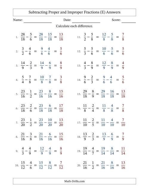 The Subtracting Proper and Improper Fractions with Similar Denominators, Proper Fractions Results and No Simplifying (E) Math Worksheet Page 2