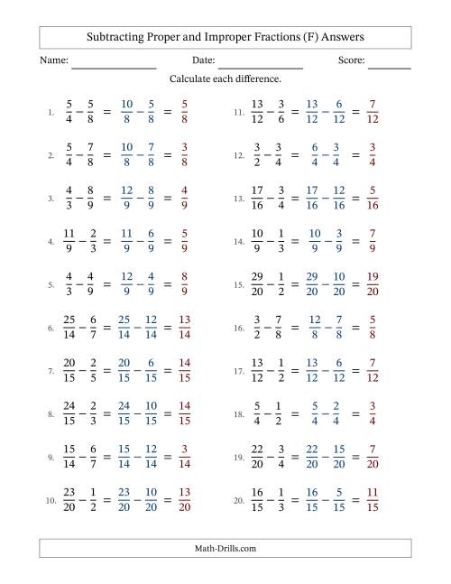 The Subtracting Proper and Improper Fractions with Similar Denominators, Proper Fractions Results and No Simplifying (F) Math Worksheet Page 2