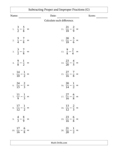 The Subtracting Proper and Improper Fractions with Similar Denominators, Proper Fractions Results and No Simplifying (G) Math Worksheet