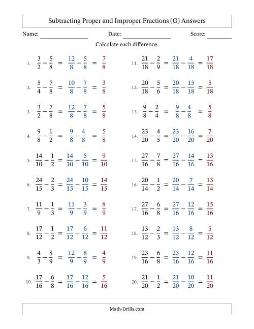 The Subtracting Proper and Improper Fractions with Similar Denominators, Proper Fractions Results and No Simplifying (G) Math Worksheet Page 2