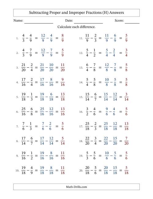 The Subtracting Proper and Improper Fractions with Similar Denominators, Proper Fractions Results and No Simplifying (H) Math Worksheet Page 2
