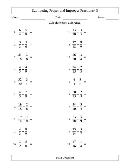The Subtracting Proper and Improper Fractions with Similar Denominators, Proper Fractions Results and No Simplifying (I) Math Worksheet