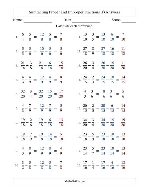 The Subtracting Proper and Improper Fractions with Similar Denominators, Proper Fractions Results and No Simplifying (I) Math Worksheet Page 2
