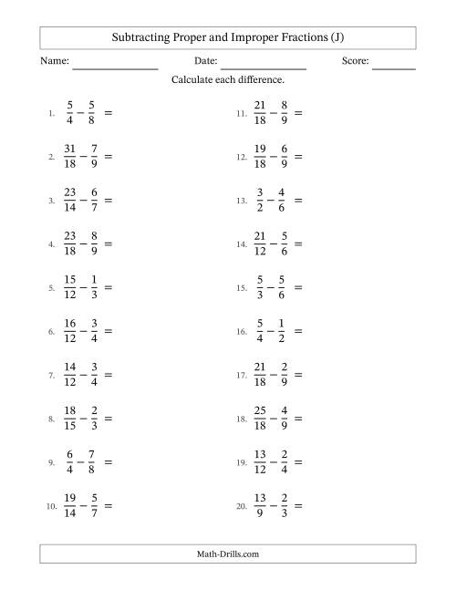 The Subtracting Proper and Improper Fractions with Similar Denominators, Proper Fractions Results and No Simplifying (J) Math Worksheet