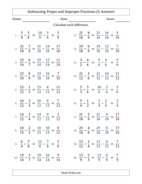 The Subtracting Proper and Improper Fractions with Similar Denominators, Proper Fractions Results and No Simplifying (J) Math Worksheet Page 2