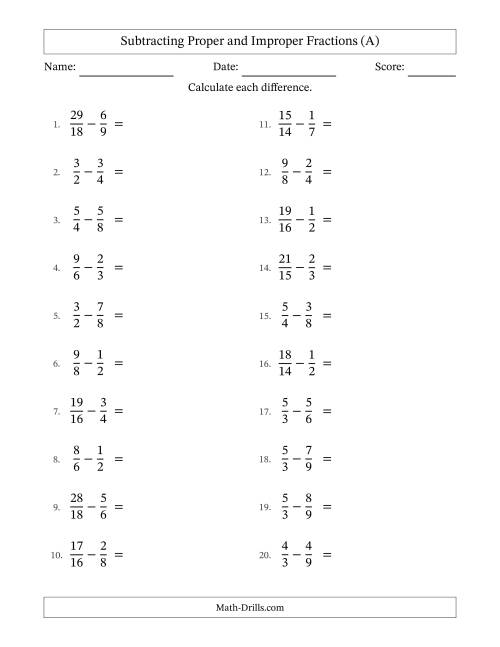 The Subtracting Proper and Improper Fractions with Similar Denominators, Proper Fractions Results and No Simplifying (All) Math Worksheet