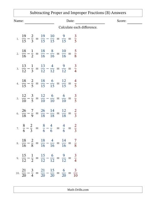 The Subtracting Proper and Improper Fractions with Similar Denominators, Proper Fractions Results and All Simplifying (B) Math Worksheet Page 2