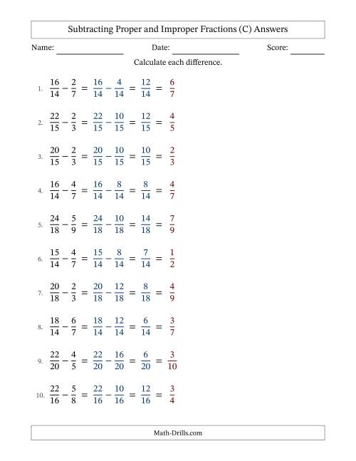 The Subtracting Proper and Improper Fractions with Similar Denominators, Proper Fractions Results and All Simplifying (C) Math Worksheet Page 2