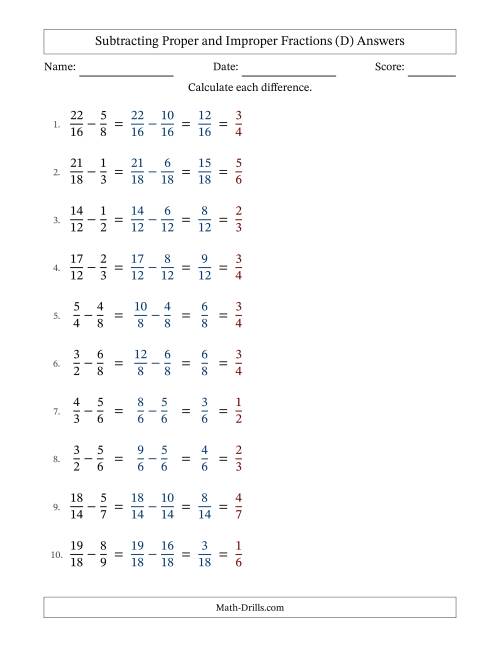 The Subtracting Proper and Improper Fractions with Similar Denominators, Proper Fractions Results and All Simplifying (D) Math Worksheet Page 2